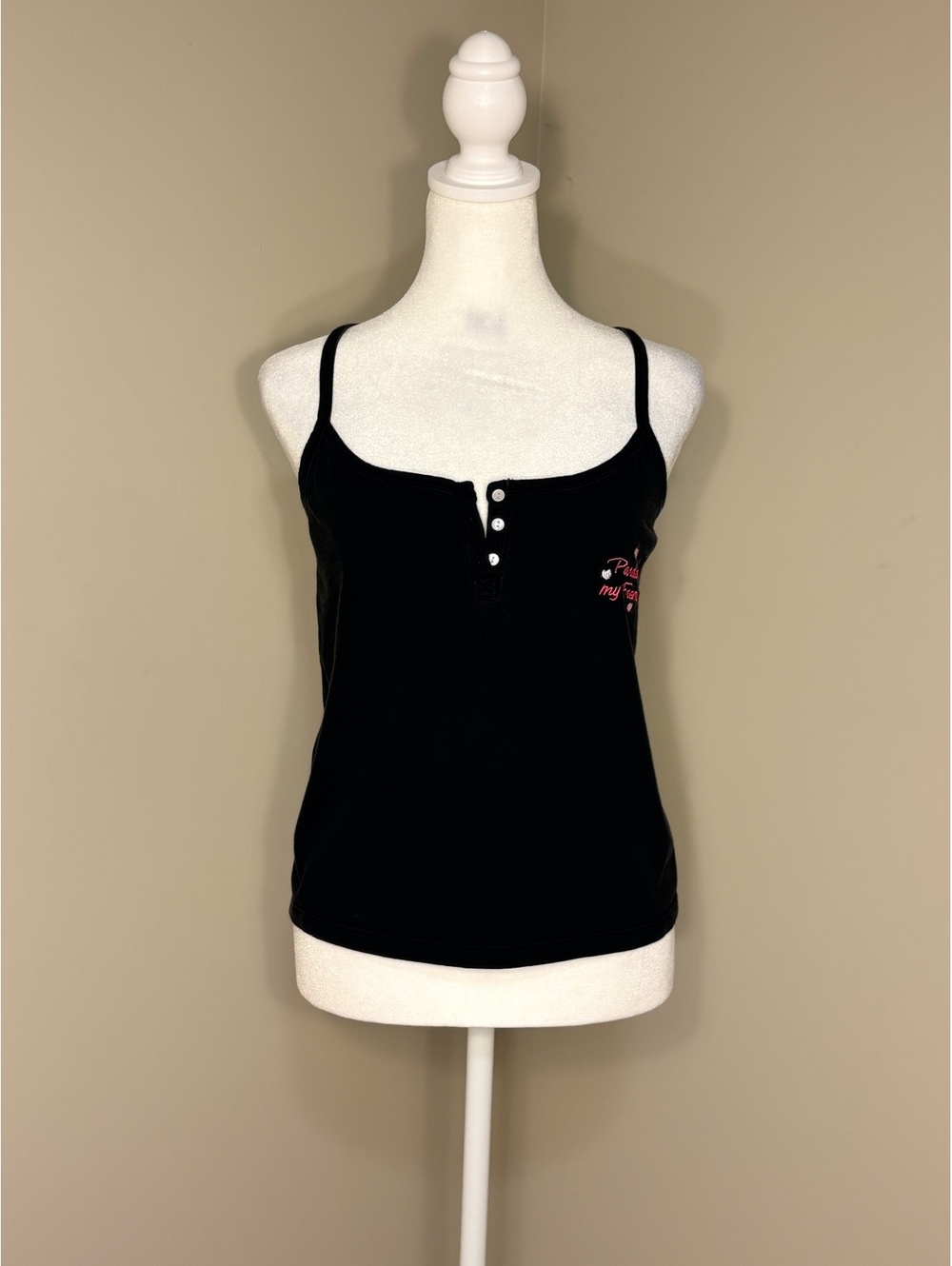Pillow Talk Y2K Henley Cami Size Large Black and Pink 2000s Preppy Cropped